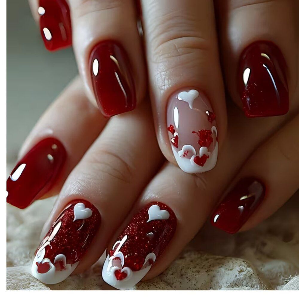 Press-on Nails Red Heart Glitter Square Shape, Medium Length Glossy Finish 24pcs